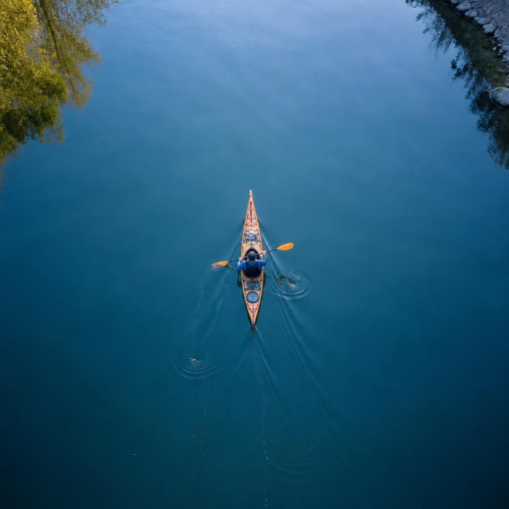 Aerial view of a kayaker paddling a calm river